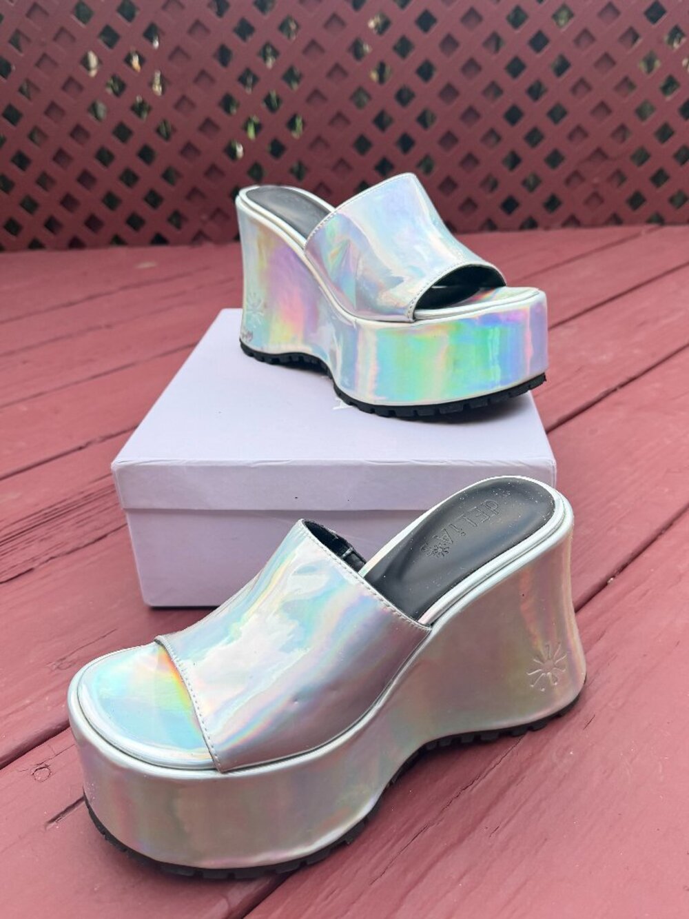 Delia's Iridescent Platform Wedge Slides – Holographic Festival Heels – Size 8